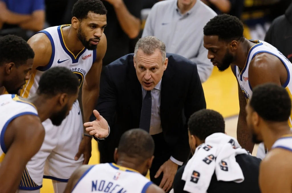 NBA球队在暂停时围成一圈，球员们专注地听教练讲话，展现团队合作和战术部署。