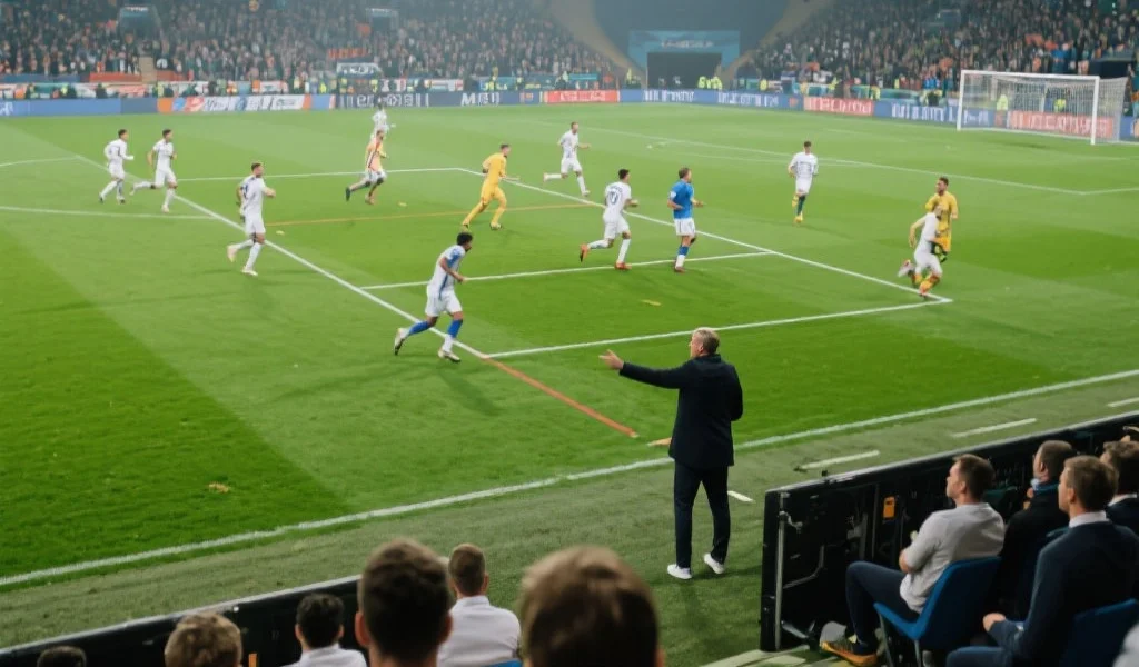 现代足球比赛中，教练在场边指挥阵型变化，球员根据指挥在场上快速移动