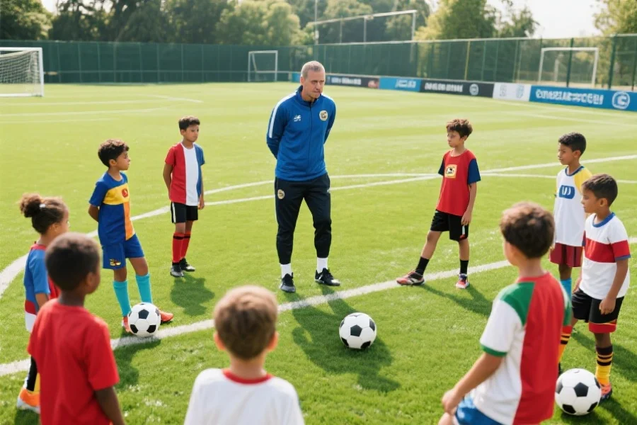 足球教练正在指导一群各国少年在绿茵场训练，展现足球全球化和未来希望