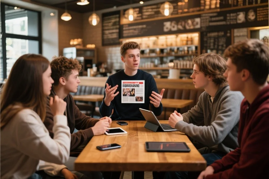 一群年轻人围坐在咖啡馆里，一人正自信地讲述最新体育新闻，其他人专注聆听，桌上有智能手机和平板电脑